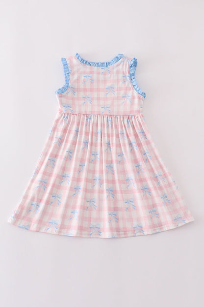 Pink plaid bow print gingham dress