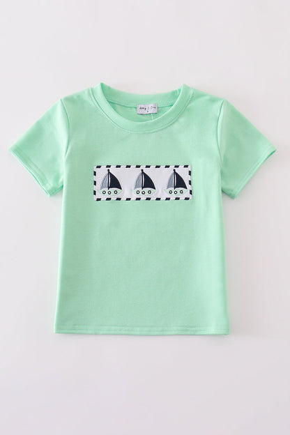 Green seersucker sailboat embroidery top