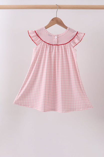 Pink strawberry embroidery gingham dress