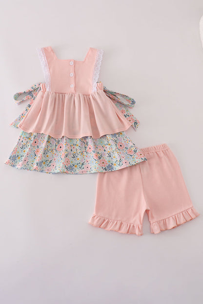 Pink floral character applique ruffle shorts set