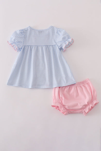Blue bow embroidery gingham ruffle bloomer set
