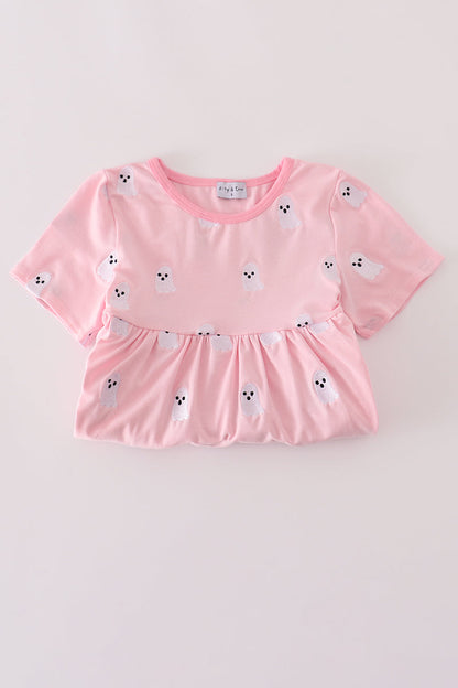 Pink ghost embroidery ruffle pants set