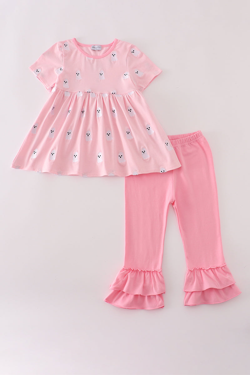 Pink ghost embroidery ruffle pants set