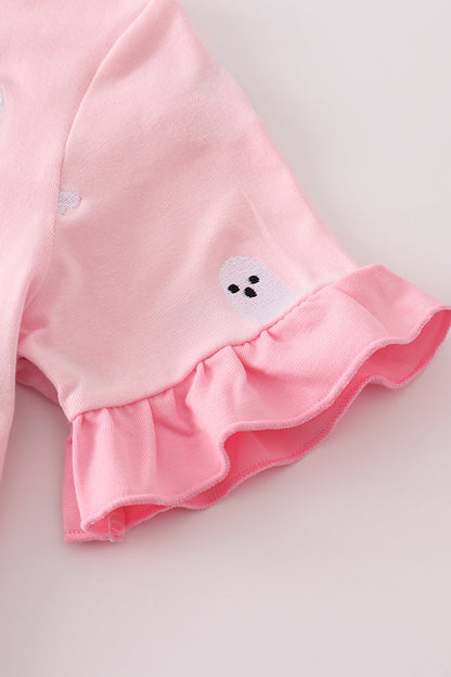Pink ghost embroidery ruffle pajamas set