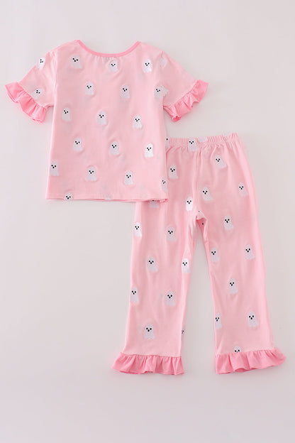 Pink ghost embroidery ruffle pajamas set