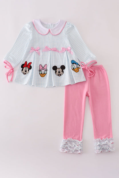 Pink character embroidery ruffle pants set