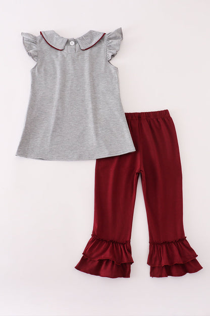 Maroon Mississippi embroidery ruffle pants set