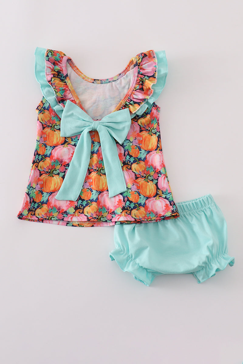 Pink pumpkin print ruffle bloomer set