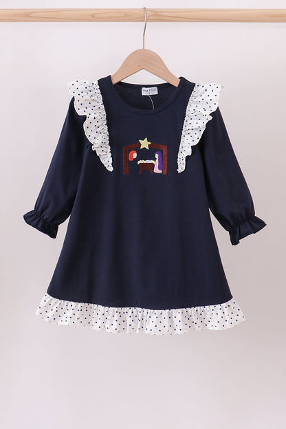 Navy nativity embroidery ruffle dress