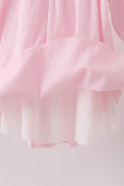 Pink bow embroidery swiss dot dress