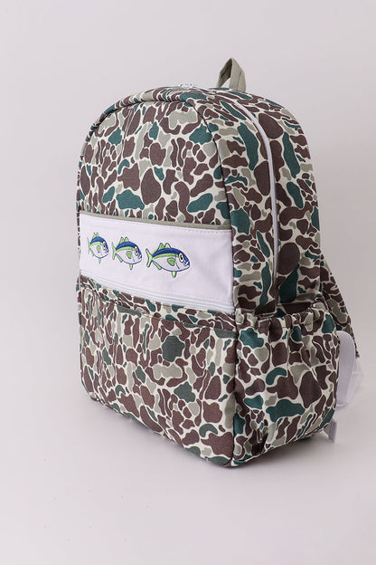 Camouflage fish embroidery canvas backpack