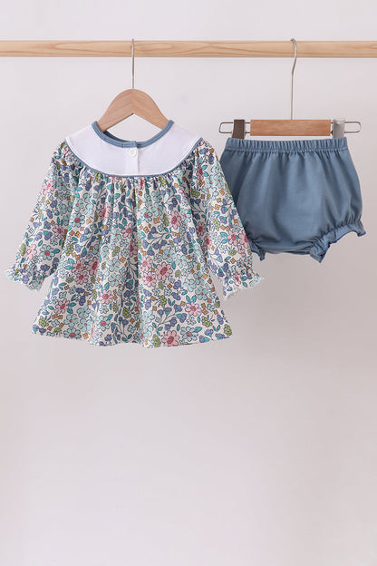 Blue floral blessed embroidery bloomer set
