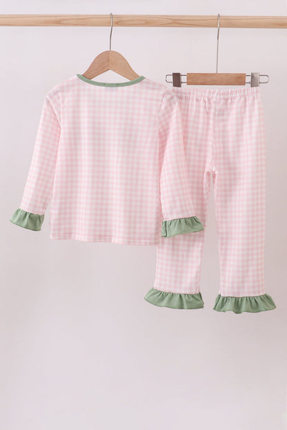 Pink nutcracker embroidery gingham pajama set