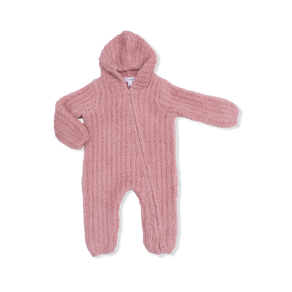 Chenille - Rose Hooded Romper with Striped Texture