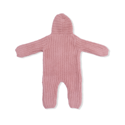 Chenille - Rose Hooded Romper with Striped Texture