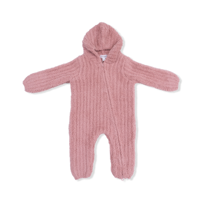 Chenille - Rose Hooded Romper with Striped Texture