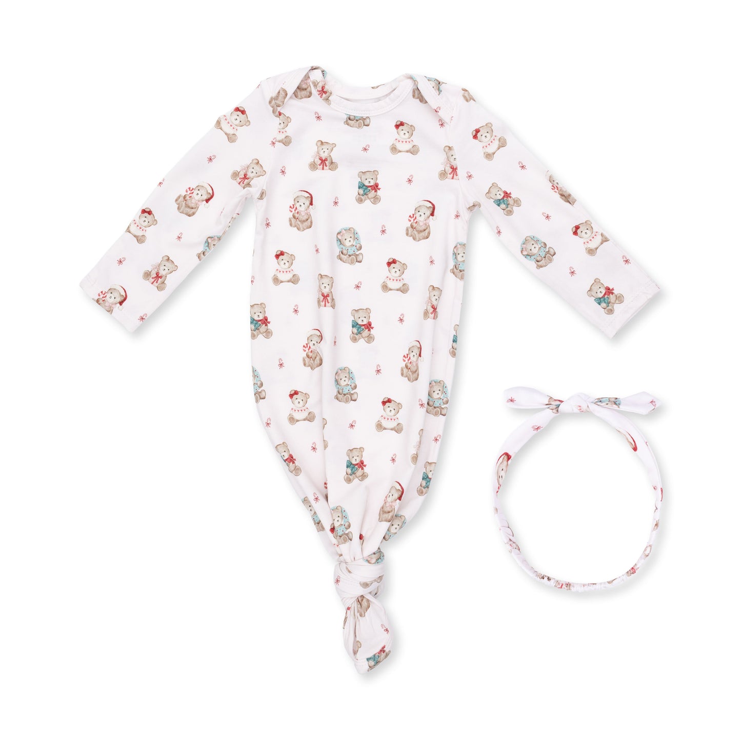 Christmas Teddy Bears Pink - Knotted Gown and Knotted Headband