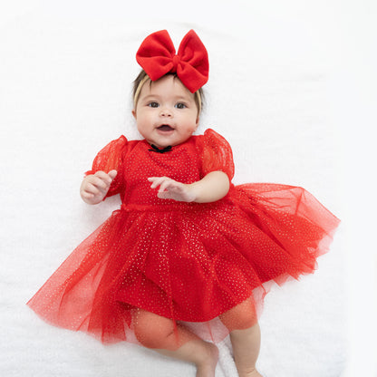 Velour Holiday Red - Puff Sleeve Dress with Tulle Overlay and Bloomer (up to 4T)