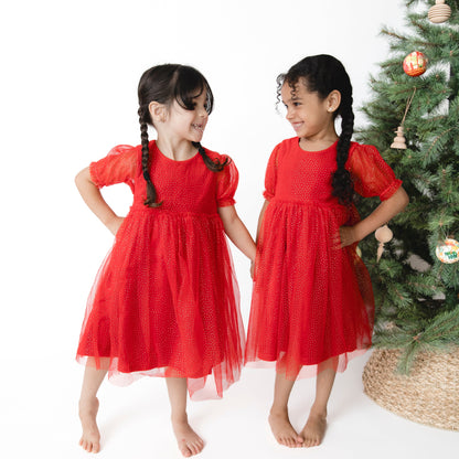 Holiday Red - Velour - Puff Sleeve Dress with Tulle Overlay and Bloomer (up to 4T)