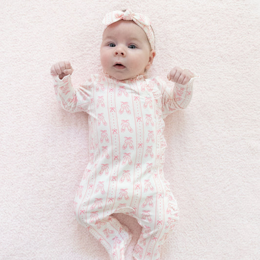 Ballet Shoes Ribbon Stripe - Kimono Ruffle Snap Footie