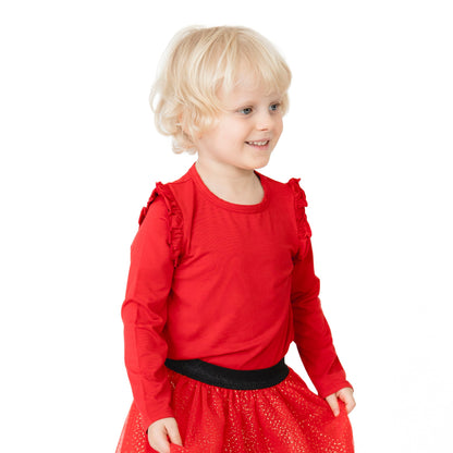 Solid Haute Red - Long Sleeve Ruffle Tee