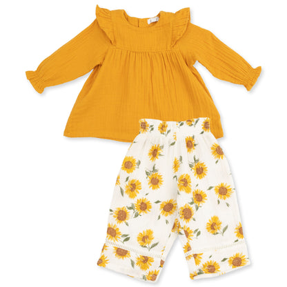 Baby Sunflower - Long Sleeve Ruffle Tunic and Smocked Waist Pant