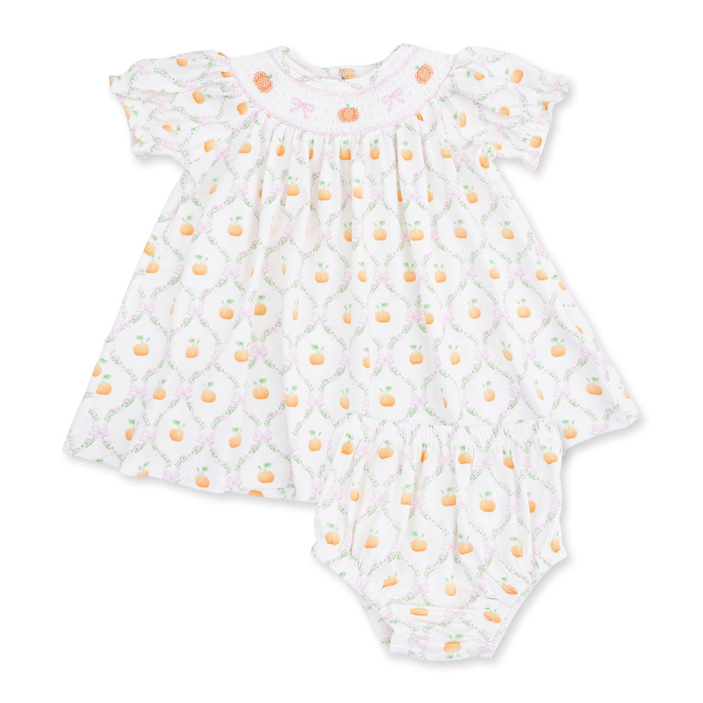 Pretty Pumpkin Trellis - Jane Puff Sleeve Bishop Dress and Bloomer