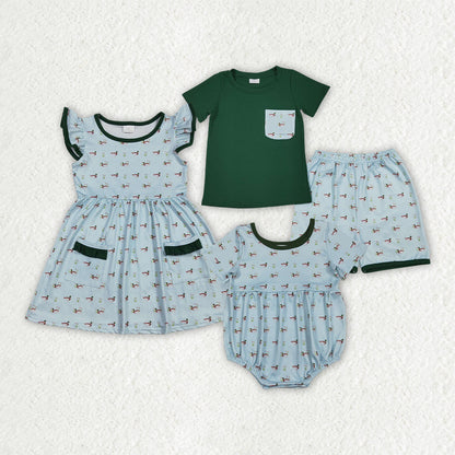 Sibling Baby Boys Girls Ducks Hunting Shorts Set Pockets Knee Length Dress Rompers