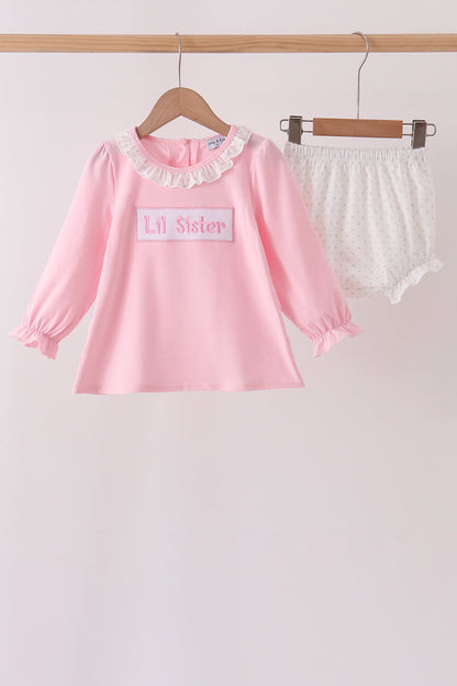 Pink Lil sister embroidery ruffle bloomer set