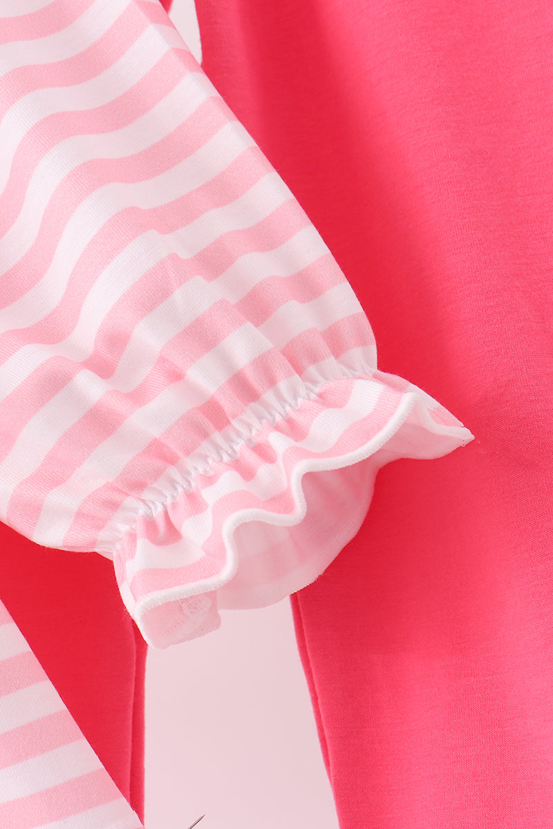 Pink Stripe Princess Embroidery Ruffle Pants Set