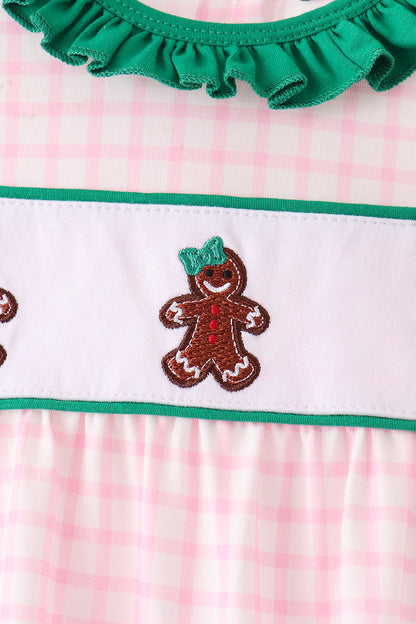 Pink Plaid Gingerbread Embroidery Ruffle Romper