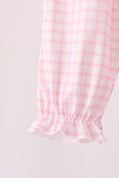 Pink Plaid Gingerbread Embroidery Ruffle Romper