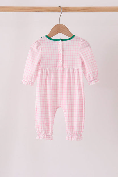 Pink Plaid Gingerbread Embroidery Ruffle Romper