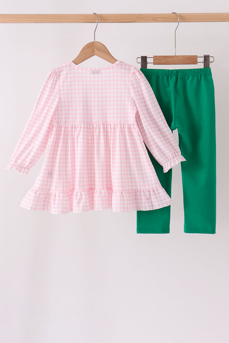 Pink Plaid Gingerbread Embroidery Ruffle Pants Set