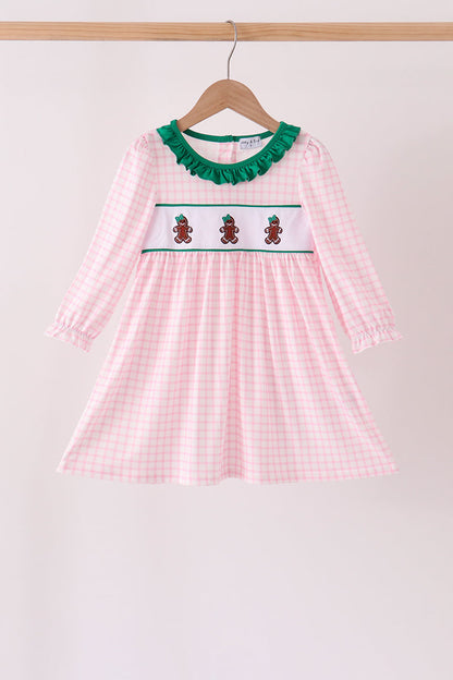 Pink Plaid Gingerbread Embroidery Ruffle Dress