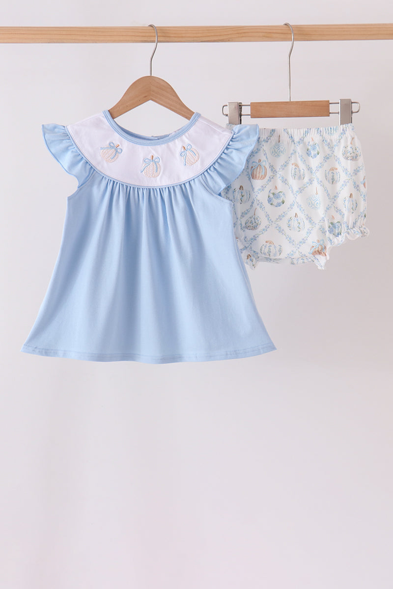 Blue pumpkin embroidery ruffle bloomer set