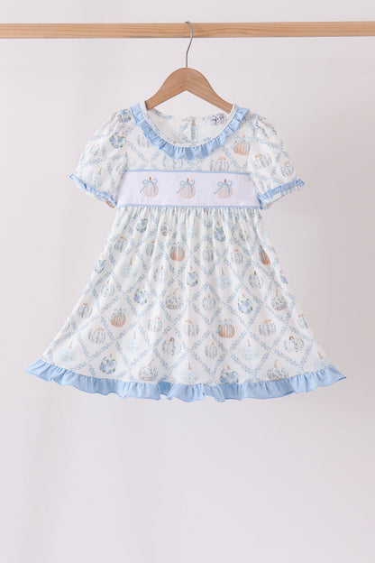 Blue pumpkin embroidery ruffle dress