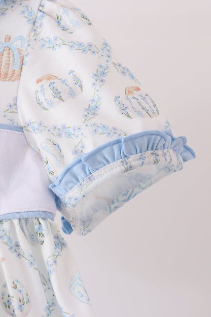 Blue pumpkin embroidery ruffle dress