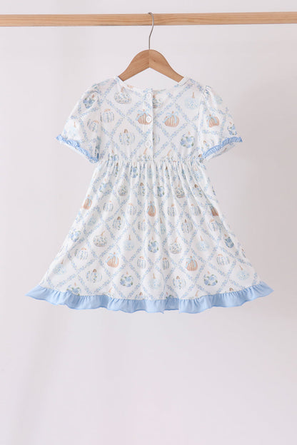 Blue pumpkin embroidery ruffle dress