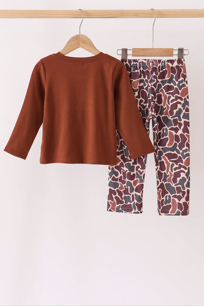 Brown camouflage hunting embroidery pants set