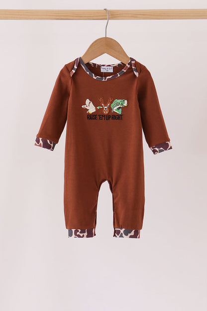 Brown camouflage hunting embroidery romper