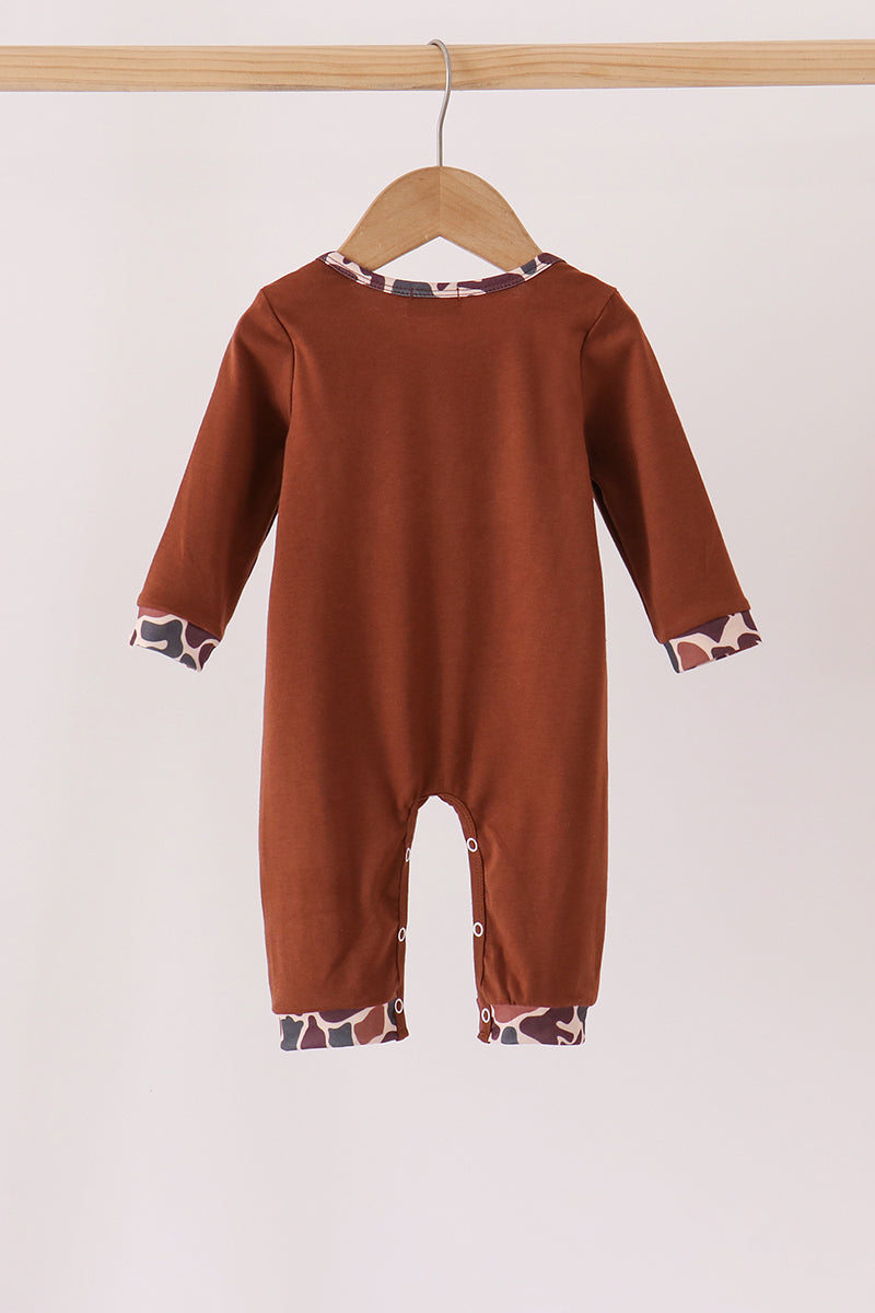 Brown camouflage hunting embroidery romper