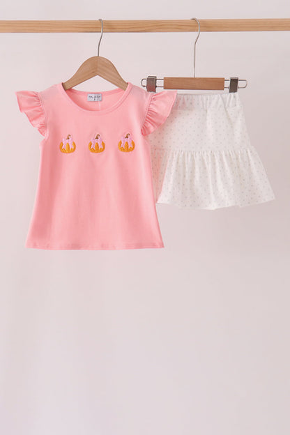 Pink pumpkin embroidery skorts set
