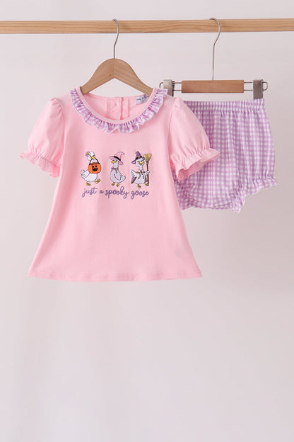 Pink goose embroidery ruffle bloomer set