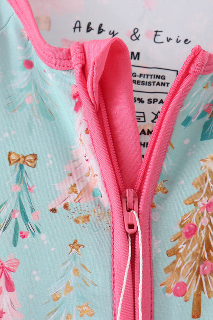 Green christmas tree bamboo zipper romper