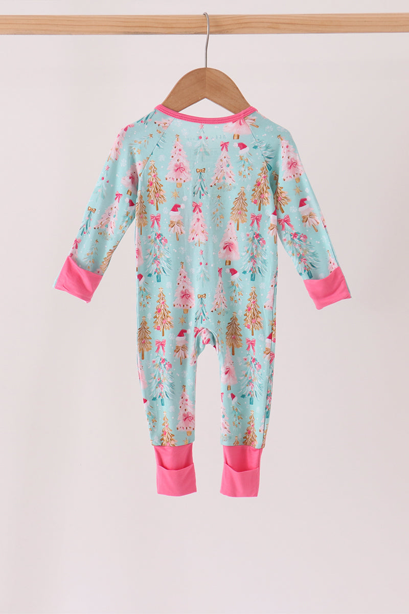 Green christmas tree bamboo zipper romper