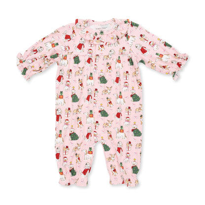 Christmas Dogs Pink - Long Sleeve Ruffle Collar Romper