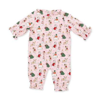 Christmas Dogs Pink - Long Sleeve Ruffle Collar Romper