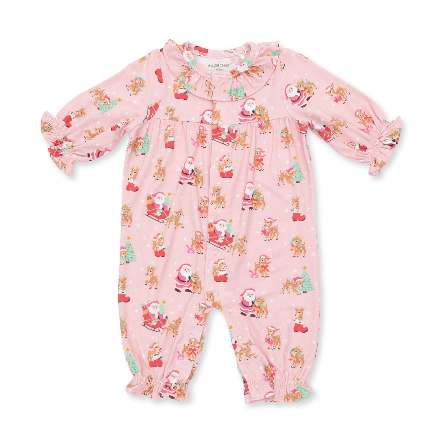 Vintage Reindeer & Santa Pink - Long Sleeve Ruffle Collar Romper