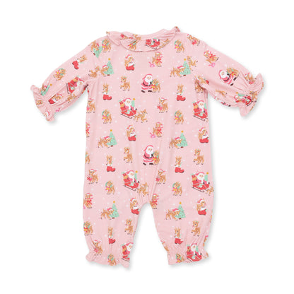 Vintage Reindeer & Santa Pink - Long Sleeve Ruffle Collar Romper